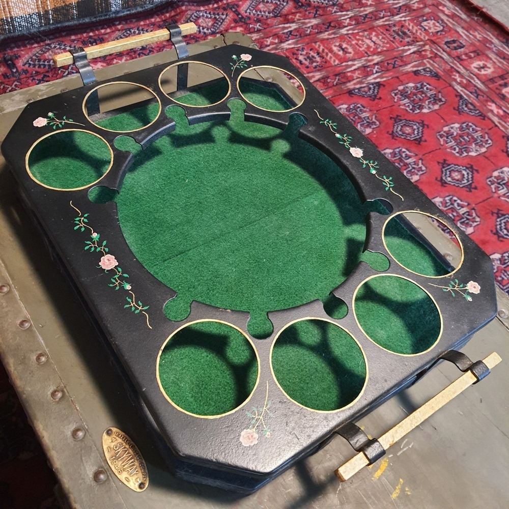 Vintage Toleware Style Painted Bar Serving Tray 4 Cups Stemmed Glasses Decanter
